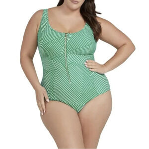 Artesands One Piece Cross Over Swimsuit Size 24 Linear Perspective Green Striped